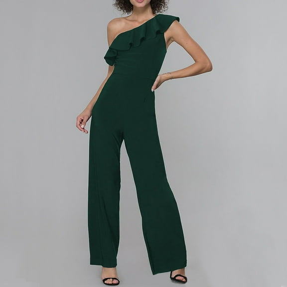 Wycnly Womens Jumpsuits Fashion Ruffle Onn Shoulder Straight Leg Jumpsuits for Summer Casual Trendy Solid Slash Neck Sleeveless Long Rompers for Women