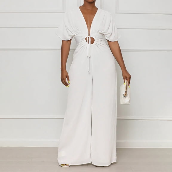 Wycnly Womens Jumpsuits Sexy Hollowed Drawstring Waist Wide Leg Long Casual Jumpsuits Trendy Solid V-Neck Short Sleeve Maxi Rompers for Women