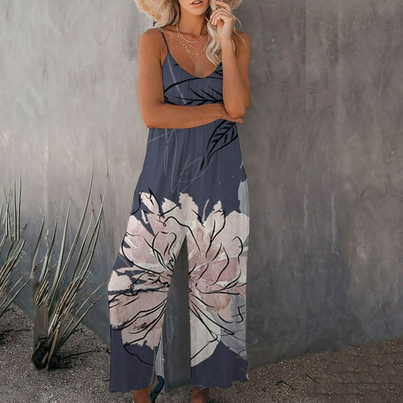 Wycnly Womens Jumpsuits Summer Beach Fashion Loose Wide Leg Strap Jumpsuits with Pocket Trendy Marbled Print Crewneck Sleeveless Maxi Rompers for Women