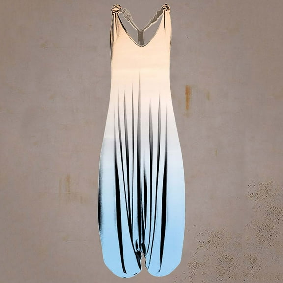 Wycnly Womens Jumpsuits Fashion Loose Baggy Backless Strap Ladies Long Jumpsuits Casual Summer Trendy Gradient Print V-Neck Sleeveless Maxi Rompers for Women