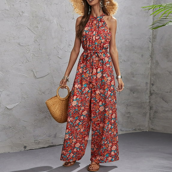 Wycnly Formal Dresses for Women Tie Waist Off Shoulder Jumpsuits Dress Halter Sleeveless Floral Print Summer Long Dresses Red M Clothes