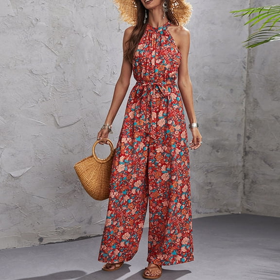 Wycnly Formal Dresses for Women Tie Waist Off Shoulder Jumpsuits Dress Halter Sleeveless Floral Print Summer Long Dresses Red M Clothes