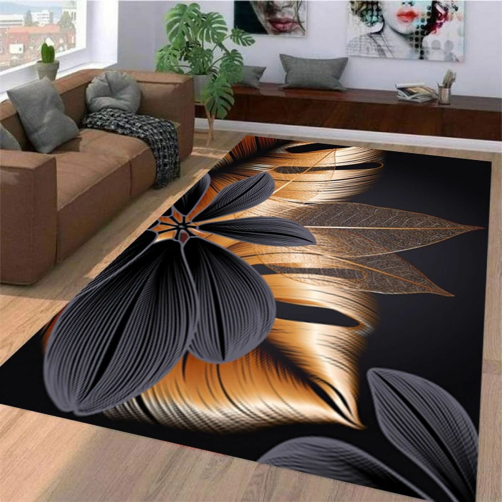 Black gold plant leaf geometric design interior bedroom bedside rug