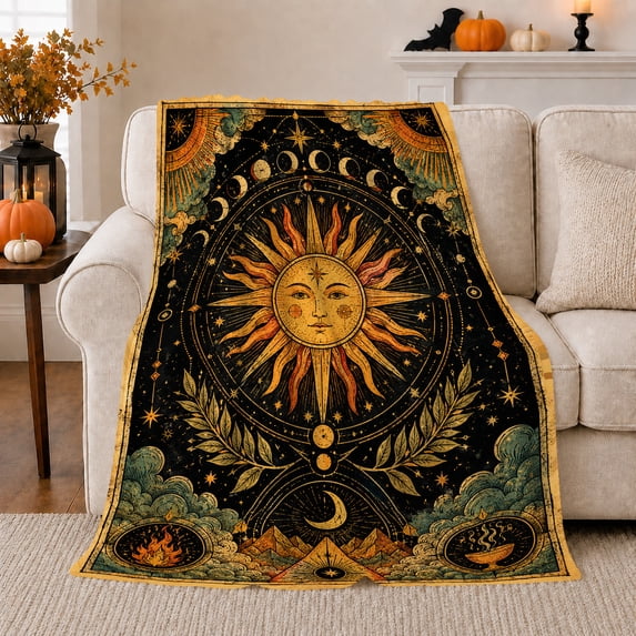 Black gold sun moon phases Flannel Blanket for bedroom study living room reading nook Home Decor occult night clouds stars laurel vintage art Gift for astrology fans