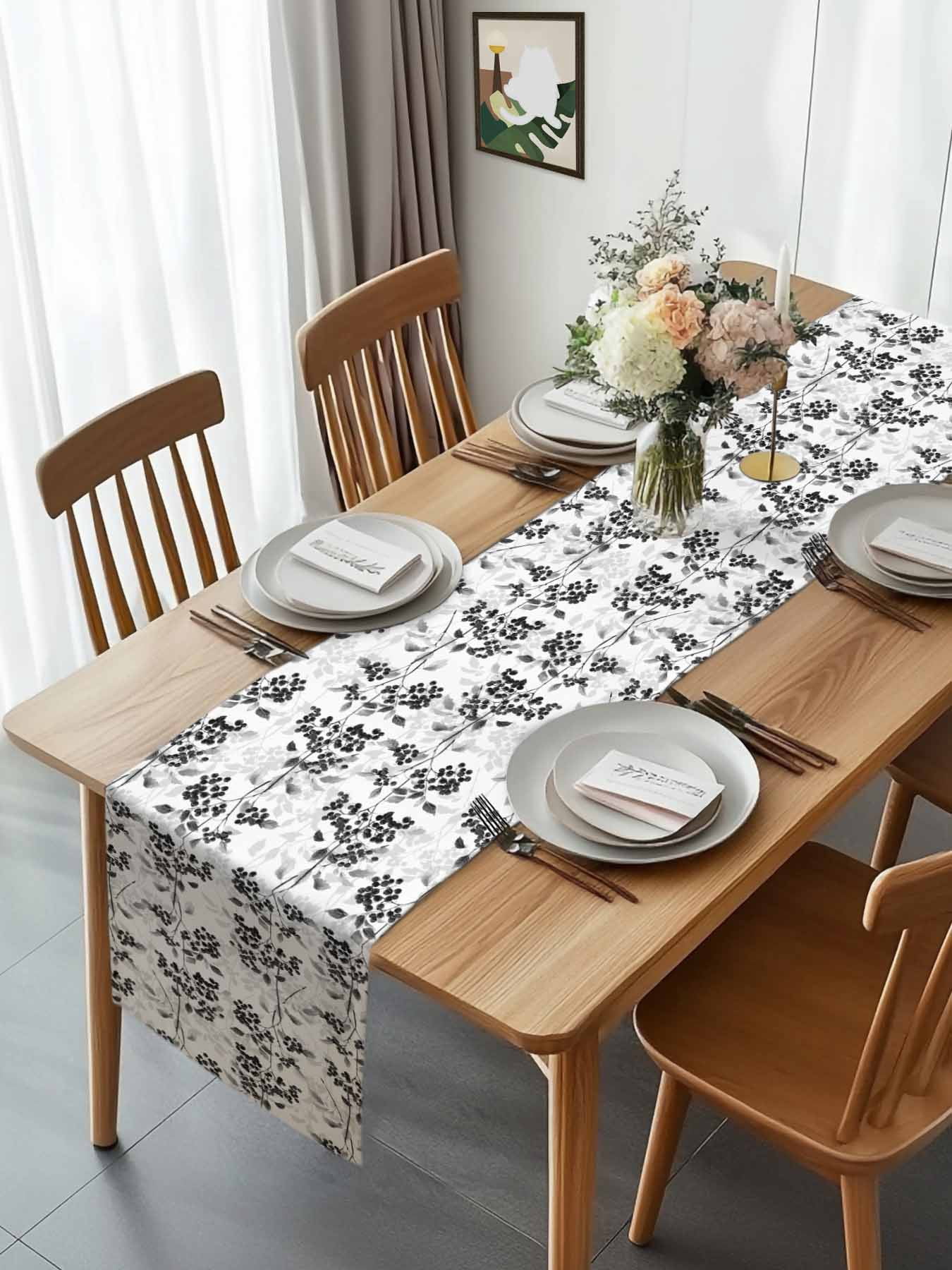 Black-gray Fruit Leaves on White Table Runner 90 Inches Long, Vintage Botanical Table Runners Tabletop Scarf Kitchen Dining Tables Decoration for Home Party Indoor Outdoor