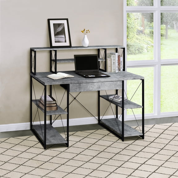 Black+grey Writing Desk With Open Compartments And Quality Materials - Stylish For Offices Rectangular In Grey Black Convenient Storage Office Equipment Monitors