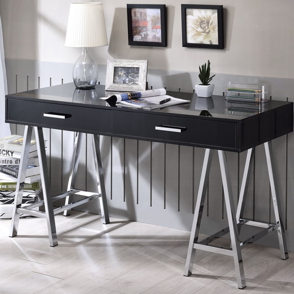 Black high gloss writing desk with two drawers and chrome base for office study area