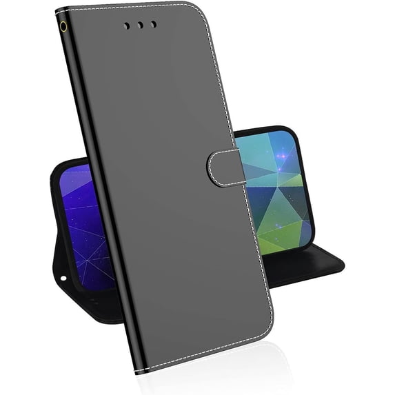 for Black iPhone 13 Pro Max Wallet Case for Women, Luxury PU Leather Glitter Glossy Makeup Mirror Case with Card Holder Slots Magnetic Closure Flip Cover Protective Kickstand Strap Purse Case