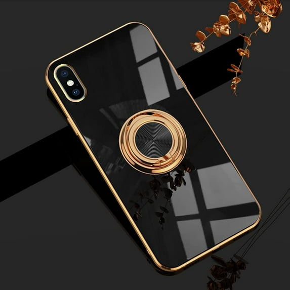 for Black iPhone X/Xs Case for Women Ring Holder, 360 TPU Rotation Kickstand Rings Cases with Stand Glitter Plating Rose Gold Edge Work with Magnetic Mount Slim Sleek Luxury Case Girly