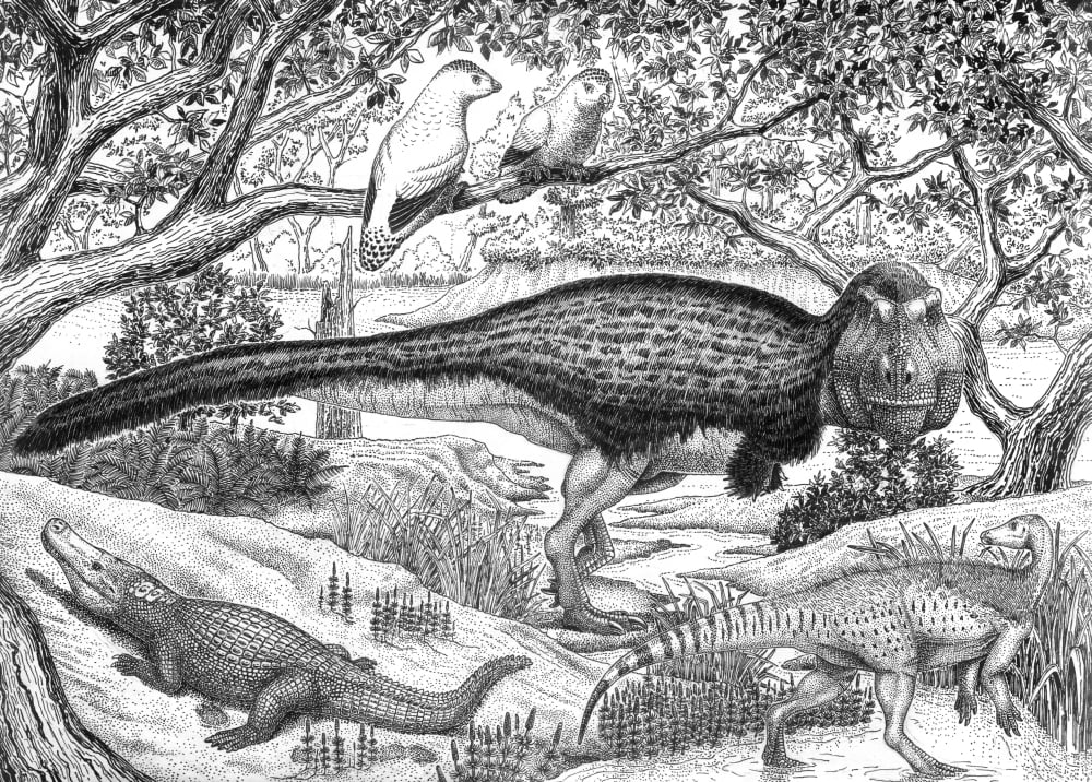Black ink drawing of extinct animals from the Hell Creek Formation Canvas Art - Vladimir NikolovStocktrek Images (17 x 12)