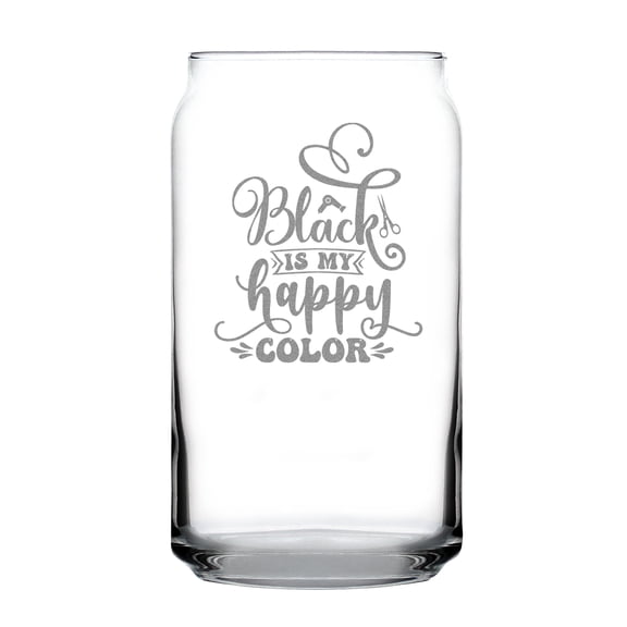 Black is My Happy Color Can Shaped Pint Glass, Hand Engraved Etched Fun Drinking Unique Personalized Gift, Beer Glass
