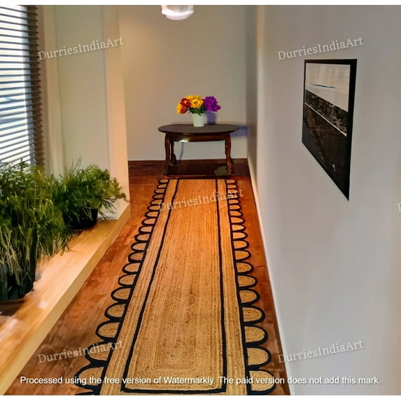 Black jute - Scalloped Runner Rug, Jute Runner Rug, Bohemian Scallop Rug, Natural Jute Rug, Scalloped Jute Rug, Jute Scallop Rug, Custom Rug