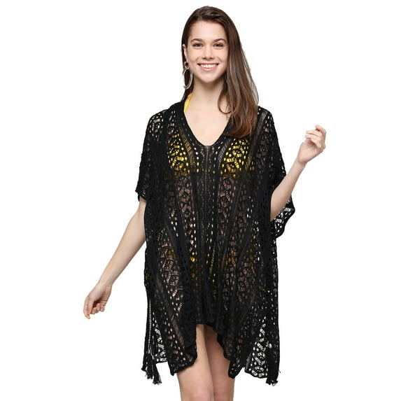 Black lace knit stripe kimono cover up with side tie