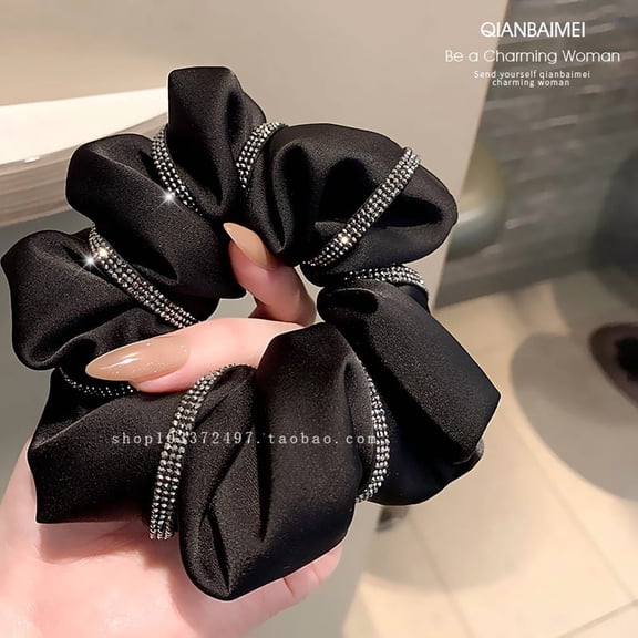 Black large intestine hair tie with rhinestone wrap, retro hair accessory, high elasticity bun hair band, elegant intestine loop hair elastic