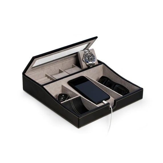 Black leather valet tray with multi-comparment storage