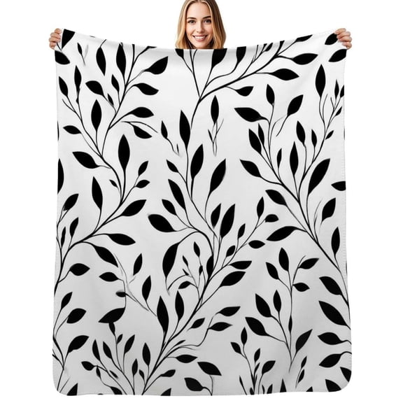Black leaves white background pattern Flannel Blankets Soft Warm Throw Blanket Autumn Camping Bedroom Aesthetic Bedspread