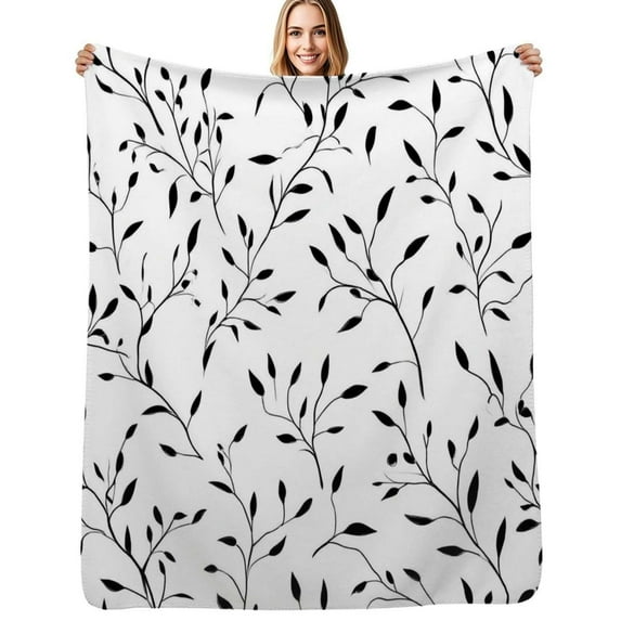 Black leaves white background pattern Soft Warm Blanket Throw Blanket Flannel Bedspread Couch Chair Cute Sofa Bed Cover