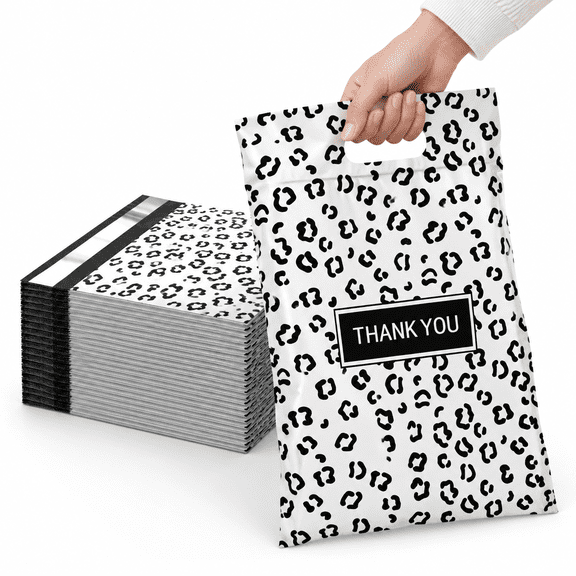 Black leopard print and thank you 10*13inch 100pcs poly mailers with handle shipping bags