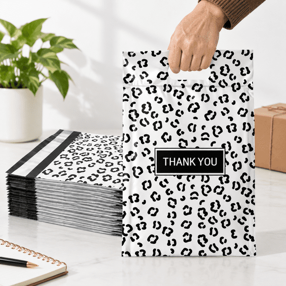 Black leopard print and thank you 10*13inch 100pcs poly mailers with handle shipping bags