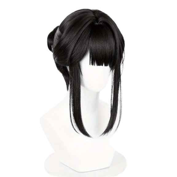 Black long straight side braided hair wig with bangs, fluffy high crown, easy to style and trim, adding volume to the hair