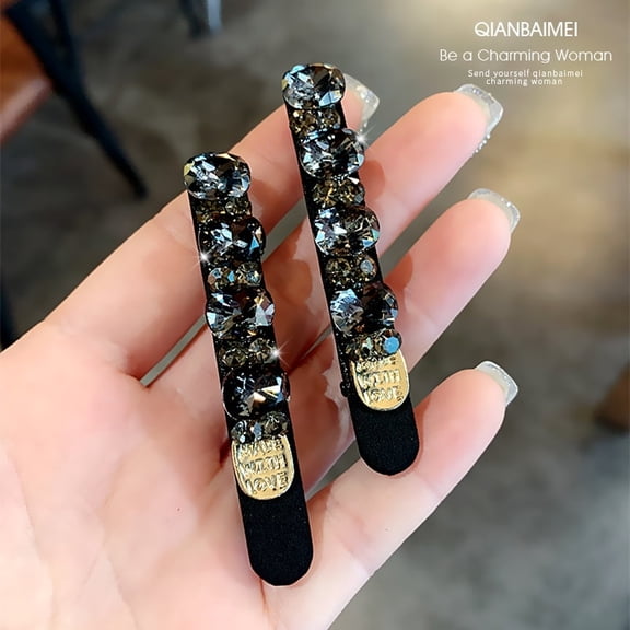 Black luxury crystal hair clip high-end bangs clip fashionable full-crystal bar clip ultra-sparkly exquisite edge clip flyaway hair clip