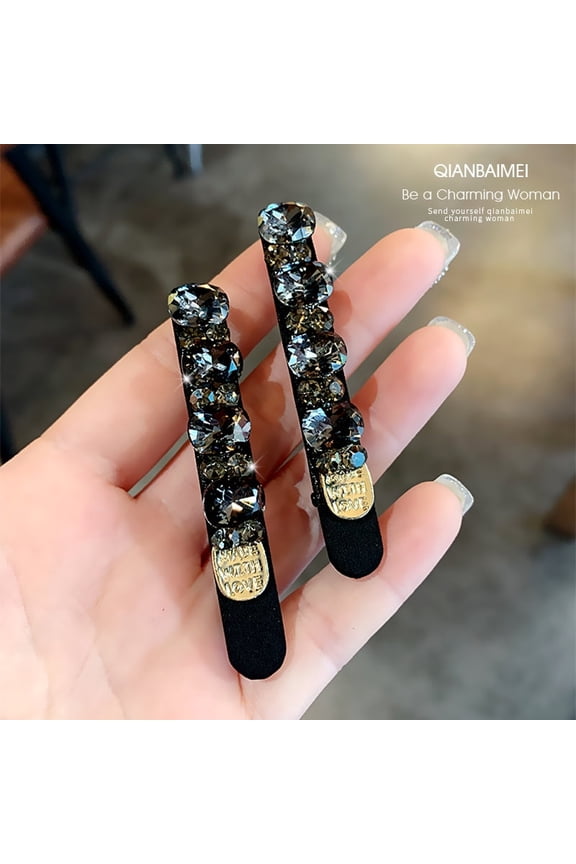 Black luxury crystal hair clip high-end bangs clip fashionable full-crystal bar clip ultra-sparkly exquisite edge clip flyaway hair clip