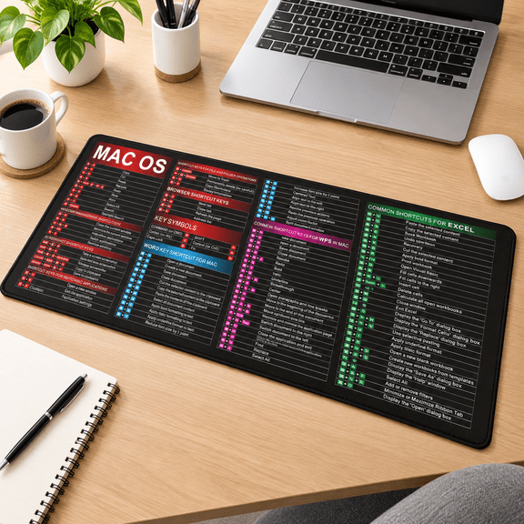 Black&macos Large Gaming Extended Desk Mat Mouse Pad with OS Shortcut Cheat Sheet