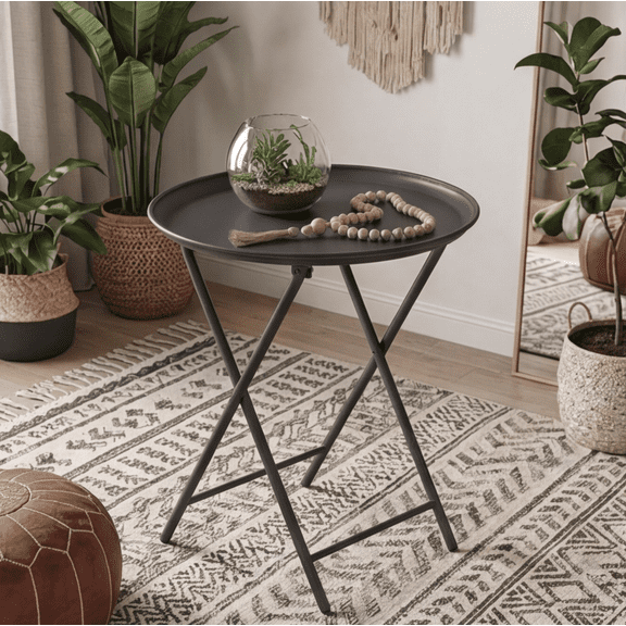 Metal-framed dining table, folding TV tray table, metal round side table, modern outdoor tray table; suitable for living rooms, bedrooms, patios and small spaces; 1 piece