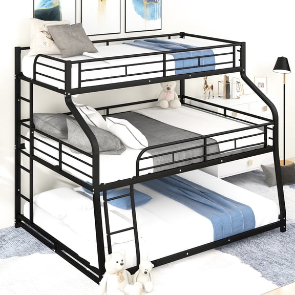 Black metal triple bunk bed in three sizes provides comfort and safety for family bedrooms