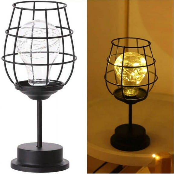 Black metal wire table lamp, iron basket, cage style, night light, retro, battery operated, desk lamp for bedroom