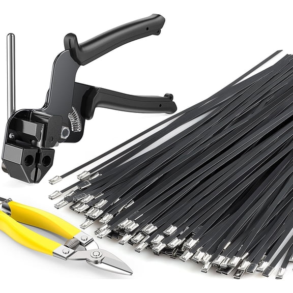 Black metal zip ties with special fastening and cutting tools, multi-purpose stainless steel zip ties, suitable for fixing agricultural fences, garden wire mesh fences, and pipe bundling.