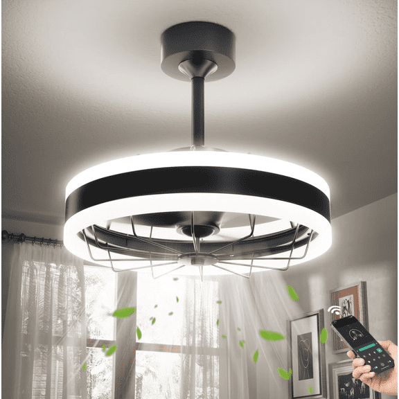 Black modern LED thin lighted ceiling fan, seamless and silent, adjustable color temperature and stepless dimming, 6 speeds, with remote control timer