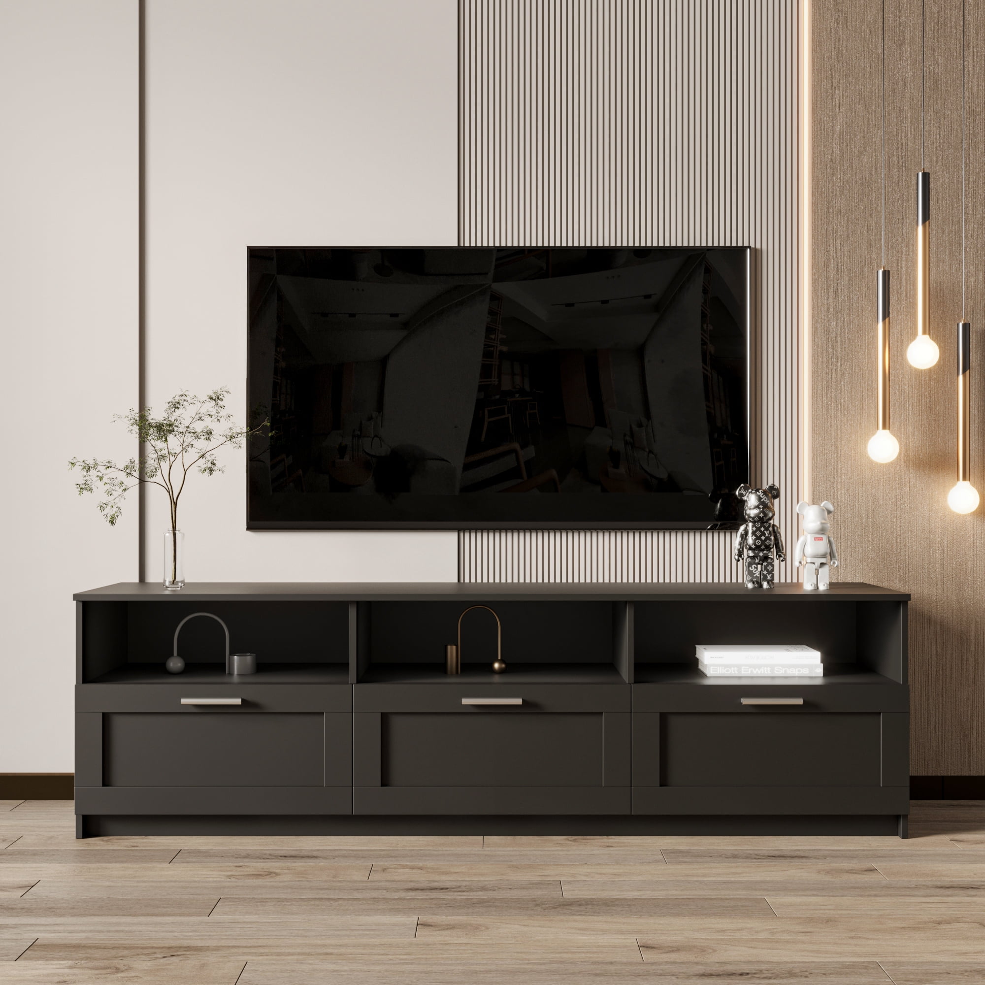 Black modern minimalist TV cabinet 80 inch TV stand, open locker Living ...