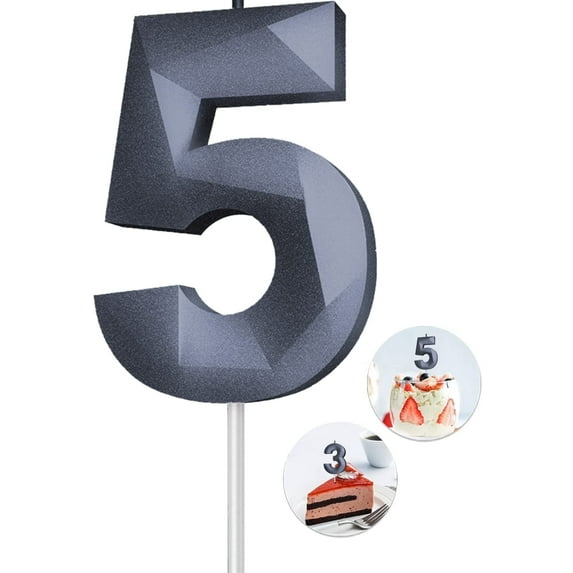 Black number 5 candle, 5 birthday candle, 3D Diamond Birthday Number Candles are suitable for digital candle cake topper decorations for weddings, anniversaries and birthday celebrations.
