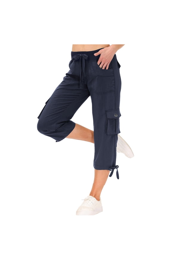 Women's Summer Capri Pants with Pockets Solid Color Drawstring Elastic Waist Cropped Trousers Navy M