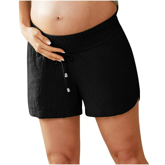 KIJBLAE Women's Summer Maternity Shorts Linen Cotton Loose Fit Elastic Waist Drawstring Beach Shorts Pants Black S