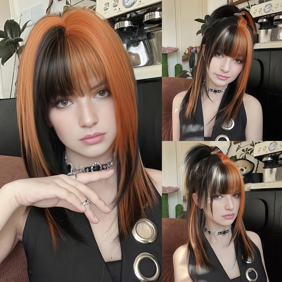 Black and orange layered wig, medium-length straight hair with bangs for women, made of heat-resistant synthetic fibers, suitable for girls' daily life, cosplay, parties and other occasions, size 20