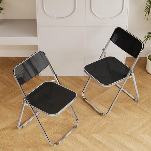 Black plastic folding chairs, stackable executive pair for office lounge, conference room, VIP area seating, 300lb capacity, black