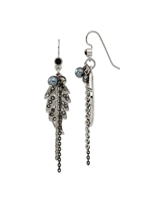 Finest Gold 1928 Jewelry Silver-Tone & Black-Plated Leaf Pattern Jet Black & Hematite Crystal & Glass Beads Dangle Earrings