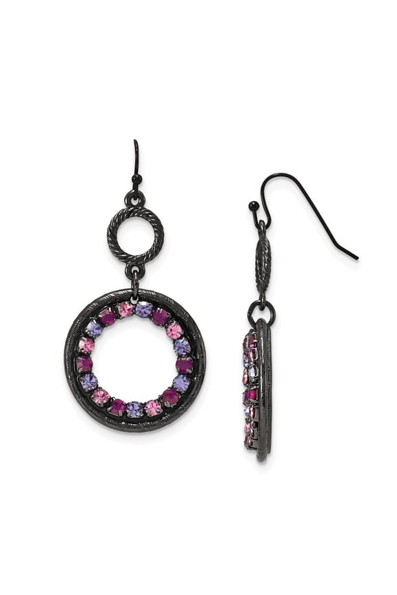 Black-plated Lt and Dk Pink and Purple Crystal Circle Drop Earrings - Measures 48x25mm Wide