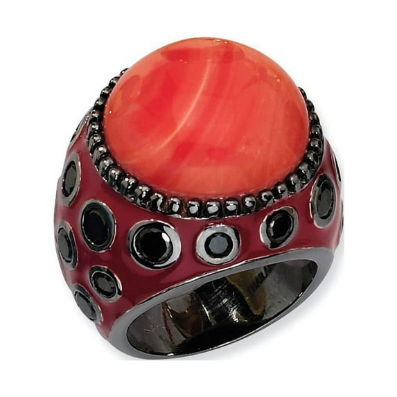 Black-plated Sterling Silver Enameled Red Simulated Coral and Cubic Zirconia Ring - Size 6