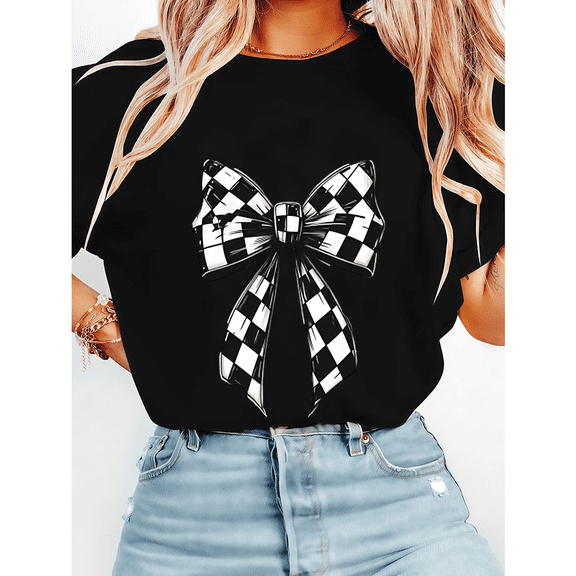 Black & White Checkered Bow Pattern for Womens Classy Cotton Graphic Tops Trendy Graphic Tees Casual Cotton T-shirts Black,2XL