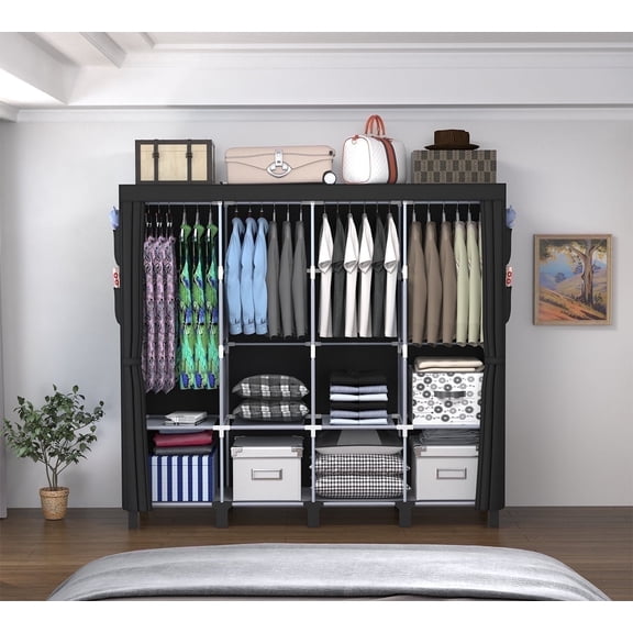 Black, Portable Closet Organizer and Storage with 3 Hanging Rods for Hanging Clothes, 6 Wardrobe Closet Storage Shelves for Bedroom, Easy to Assemble.