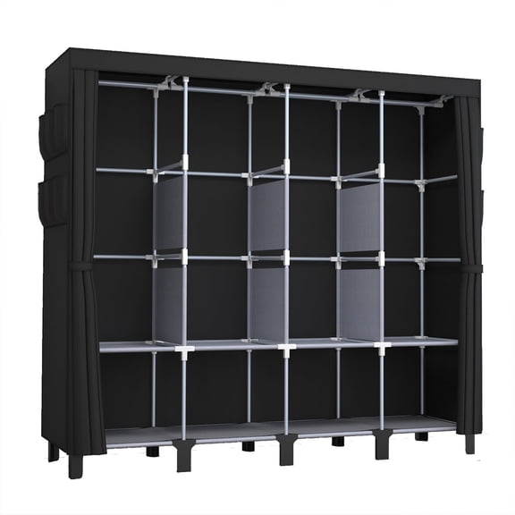 Black， Portable Closet Organizer and Storage with 3 Hanging Rods for Hanging Clothes, 6 Wardrobe Closet Storage Shelves for Bedroom, Easy to Assemble.