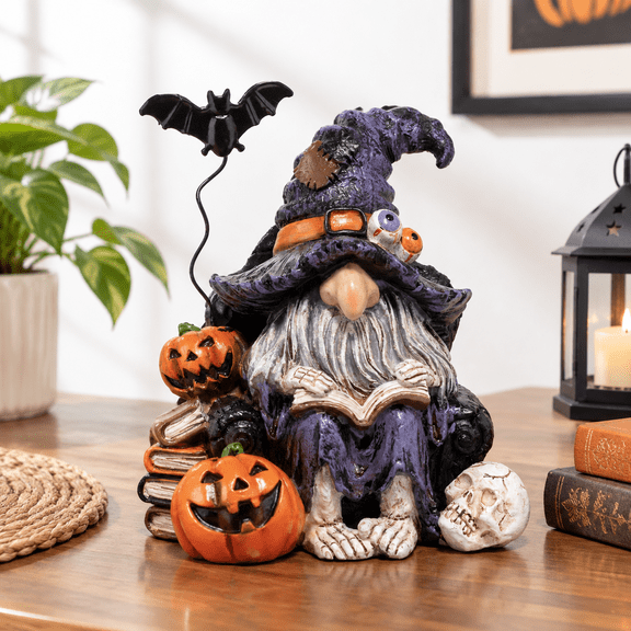 Black-purple Witch Figurine with Book Spooky Magic Tabletop Decor