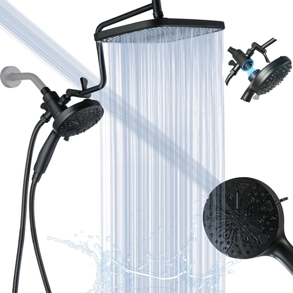 Black rain shower head and handheld shower set, high-pressure 12-inch rain shower head combination, 11-level handheld spray, dual shower heads, with detachable magnetic handheld