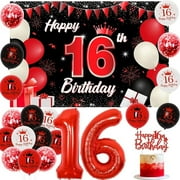 Black and red decorations for boys and girls on their 16th birthday, red and black backgrounds for their 16th birthday, cake decorations, and balloons.