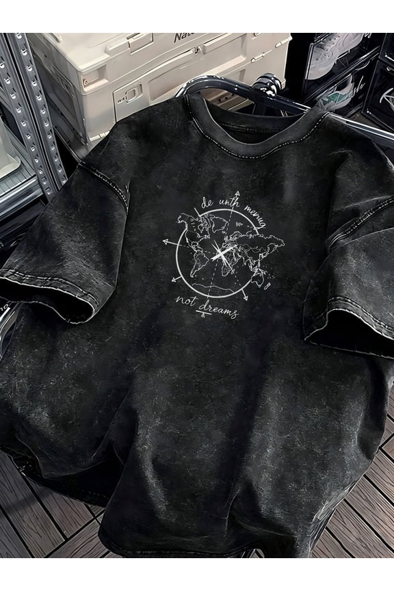 Black retro acid-washed T-shirt with world map and compass print. "I do what I want to do. Not just dreaming." Round-neck street style. Summer breathable and soft casual top.
