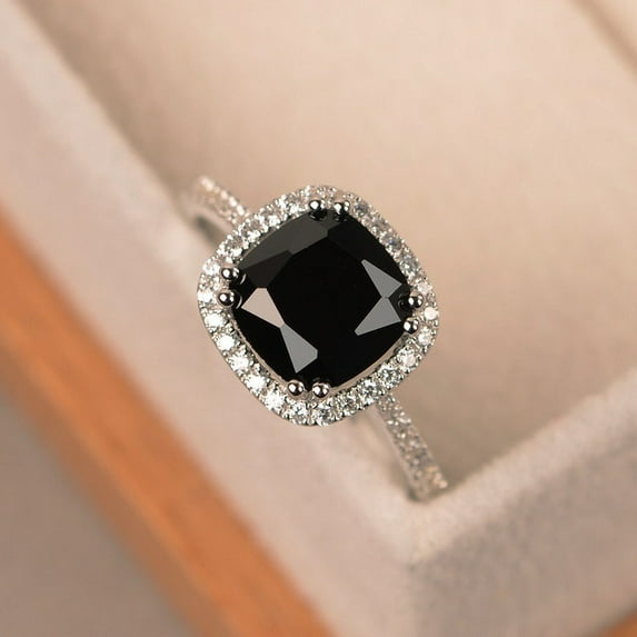 Black ring, pear shaped ring, black Onyx ring, engagement ring silver, black gemstone ring