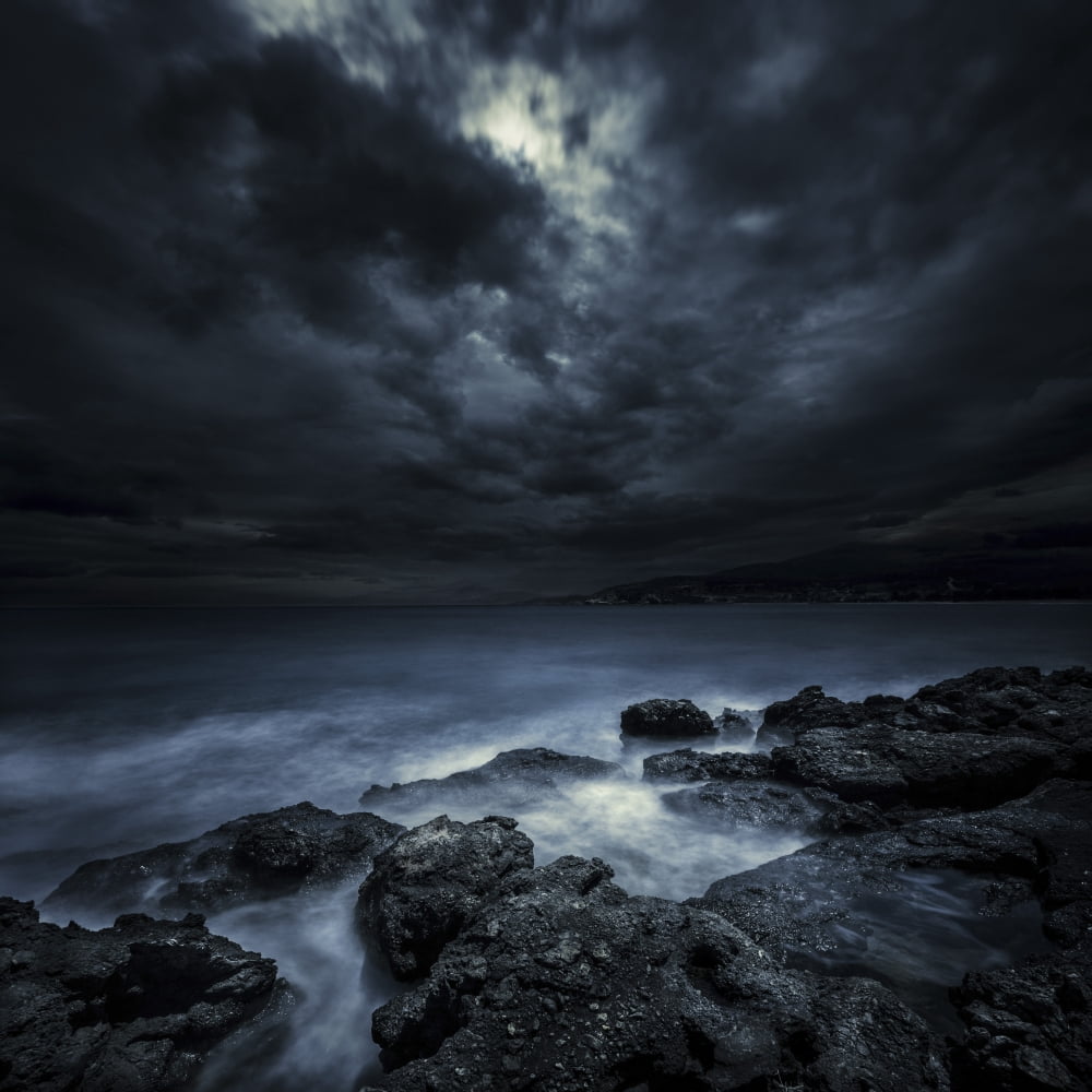 Black rocks protruding through rough seas with stormy clouds Crete Greece Canvas Art - Evgeny KuklevStocktrek Images (29 x 29)